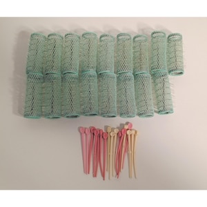 May include: A collection of vintage hair rollers and hair pins. The rollers are cylindrical, with a light green mesh design and a teal trim. The hair pins are pink and off-white, with a rounded top and a stick-like body.