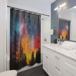 Beautiful Shower Curtain, Woods Shower Curtain, Night Sky Shower Curtain, Unique Bathroom Decor, Cabin Bathroom Decor