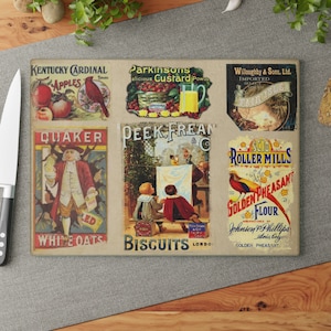Vintage-Werbung Glasschneidebrett, Ephemera, Landhausküche, Gemüseschneidebrett, Vintage-Küchenartikel, alter Küchenartikel
