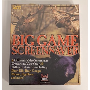 May include: A PC CD-ROM game box titled "BIG GAME SCREENSAVER." The box features images of a deer, elk, and a black bear. Text on the box indicates it includes over 20 different animals, including deer, elk, bear, cougar, moose, and big horn.