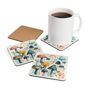 Mushroom Cork Coaster Set - Mushroom Decor, Boho Decor, Watercolor Mushrooms, Cottagecore Decor, Cottagecore Coasters, Mushroom Coasters