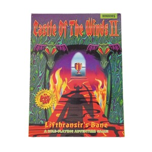 May include: A vintage computer game box for "Castle of the Winds II." The box art features a fantasy scene with a red path, flames, and a silhouette figure. The title is in a stylized font, with the text "Lifthransir's Bane" below.