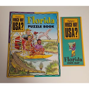 May include: Two vintage Highlights "Which Way USA?" Florida books. The puzzle book features a colorful illustration of an airboat with people and an alligator. The state map shows a person holding a map. Both books have the "Which Way USA?" logo.