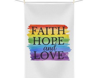 Microfiber Tea Towel, Faith Hope and Love, Christian Tea Towel, Christian Decor, Rainbow Kitchen, Rainbow Tea Towel