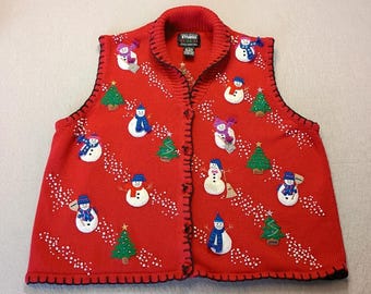 Vintage Designer Originals Studio Women Red Sweater Vest 90&#39;s Christmas Sz Large