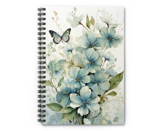 Spiral Notebook - Ruled Line - Floral Notebook - Butterfly Notebook - Blue Notebook - Cottagecore
