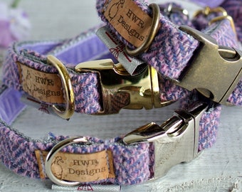 Harris Tweed Dog Collars,  Lavender  Tweed Dog collar,Purple Herringbone Tweed Dog Collar. Designer dog collar
