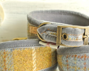 Harris Tweed Sighthound Collar: Padded Grey & Mustard Dog Collar