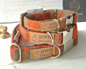 Harris Tweed Dog Collars,  Orange  Tweed Dog collar,Orange and Sage green Tweed Dog Collar. Designer dog collar