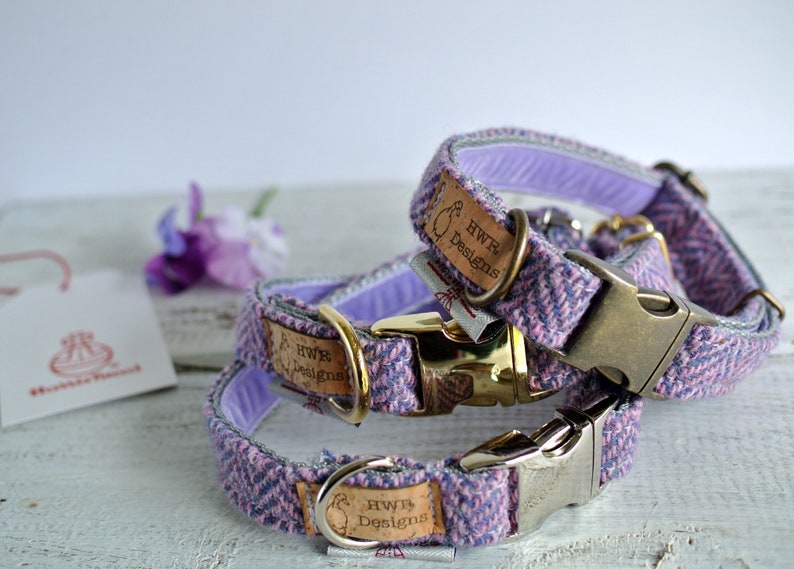 Harris Tweed Hundehalsbänder, Lavendel Tweed Hundehalsband, Lila Herringbone Tweed Hundehalsband. Designer Hundehalsband Bild 1