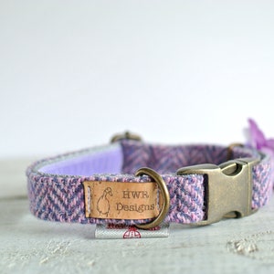 Harris Tweed Dog Collars, Lavender Tweed Dog collar,Purple Herringbone Tweed Dog Collar. Designer dog collar image 4