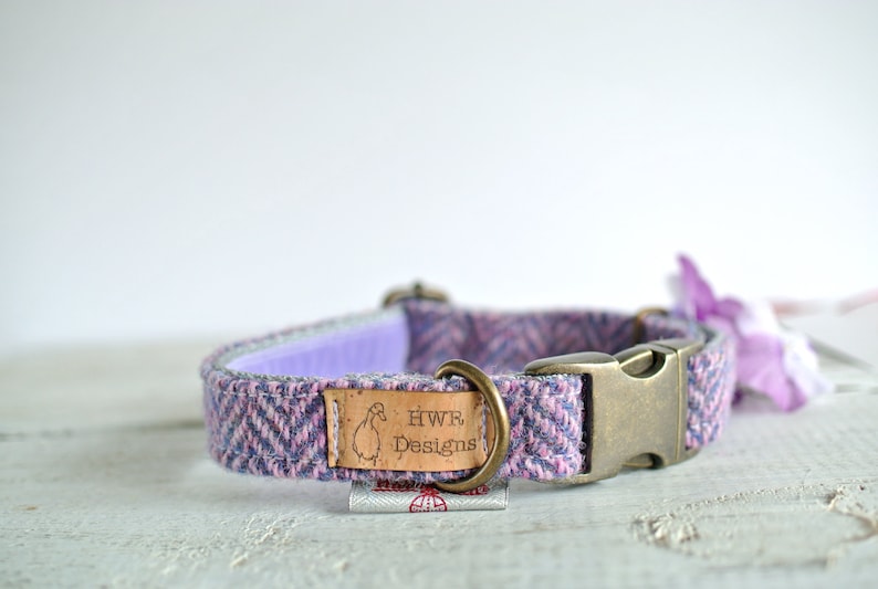 Harris Tweed Dog Collars, Lavender Tweed Dog collar,Purple Herringbone Tweed Dog Collar. Designer dog collar image 4