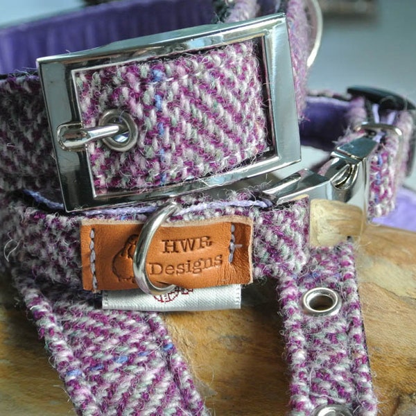 Harris Tweed Dog Collars,  Purple and grey Herringbone  Tweed Dog Collar. Designer dog collar.  Quick release Dog collar