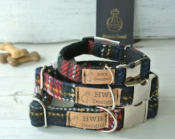 Harris Tweed Dog Collar: Black Red Tartan Plaid, Designer Pet Collar