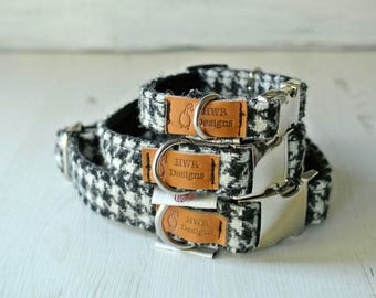 Harris Tweed Dog Collars,  Black and white Houndstooth ,Black and White Tweed Dog collar, Tweed Dog Collar. Designer dog collar