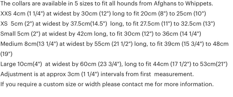May include: Chart showing 5 sizes of dog collars with measurements in inches and centimeters. The collars are available in XXS, XS, Small, Medium, and Large sizes. The chart also includes the neck size range for each size.