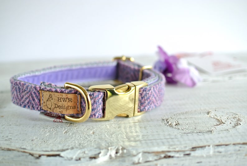 Harris Tweed Dog Collars, Lavender Tweed Dog collar,Purple Herringbone Tweed Dog Collar. Designer dog collar image 3