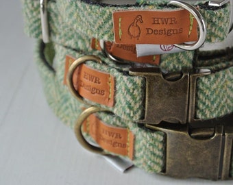 Harris Tweed Dog Collar: Green Herringbone Artisan Tweed