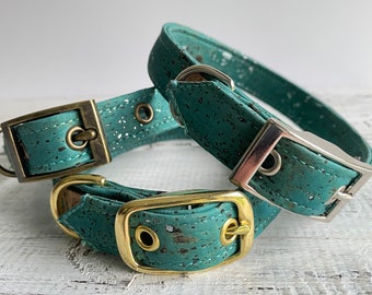 Blue and Silver Cork leather Pin buckle Dog collar