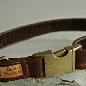 May include: Brown leather dog collar with a brass buckle and a cork tag that reads "HWR Designs".