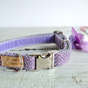 Harris Tweed Dog Collars, Lavender Tweed Dog collar,Purple Herringbone Tweed Dog Collar. Designer dog collar image 2