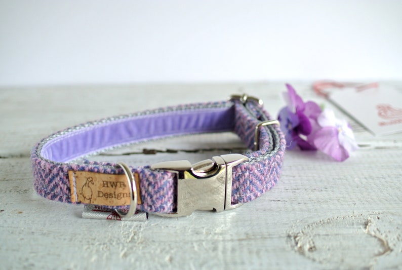 Harris Tweed Dog Collars, Lavender Tweed Dog collar,Purple Herringbone Tweed Dog Collar. Designer dog collar image 2