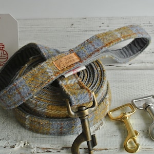 Harris Tweed dog lead in Mustard and grey check, Dog Lead grey plaid, Designer dog lead.
