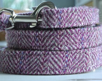 Harris Tweed Dog Lead: Purple Berry Herringbone Wool Leash