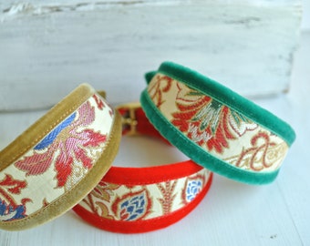 Brocade Sighthound Collar: Holiday Dog Collar, Velvet Trim