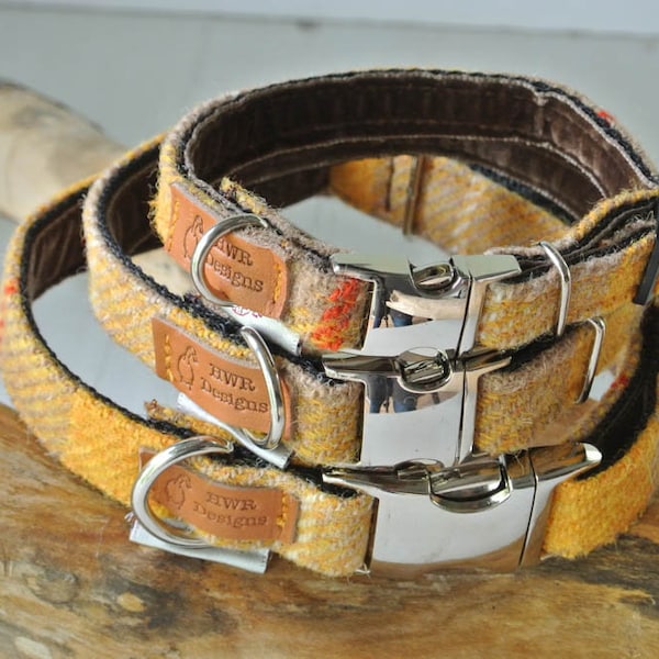 Yellow Tartan Harris Tweed Dog Collar: Plaid Wool Pet Collar