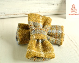 Harris Tweed Dog Bow Tie: Mustard Grey Plaid, Detachable Pup Accessory
