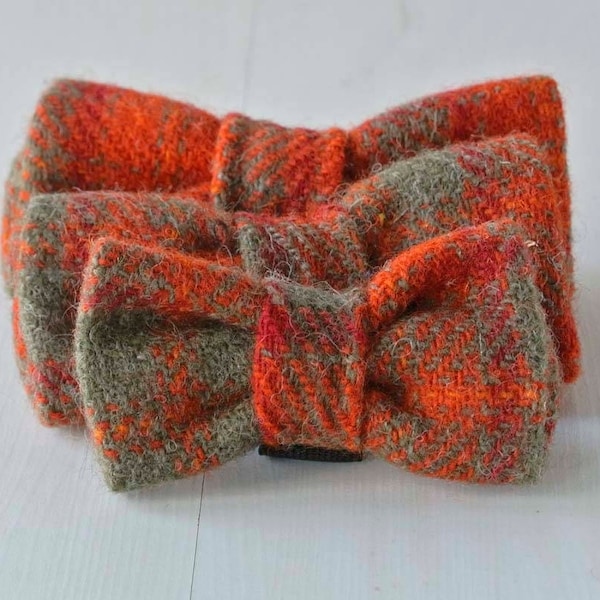 Dog Bow Tie, Orange and Green Plaid Harris Tweed Bow Tie, Detachable Bow tie, Orange  Bow Tie, Plaid Bow tie