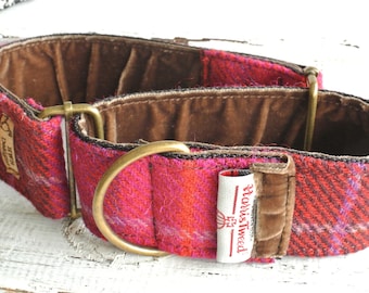 Harris Tweed Martingale Collar. Cerise plaid