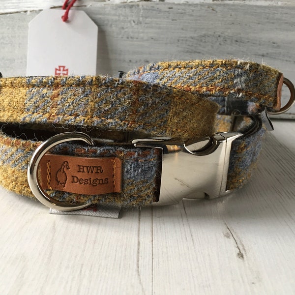 Harris Tweed dog collar in Mustard and grey check