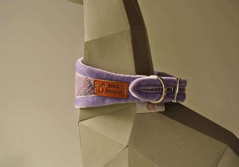 May include: A purple velvet dog collar with a tweed lining and a brown leather tag that says "HWR Designs".