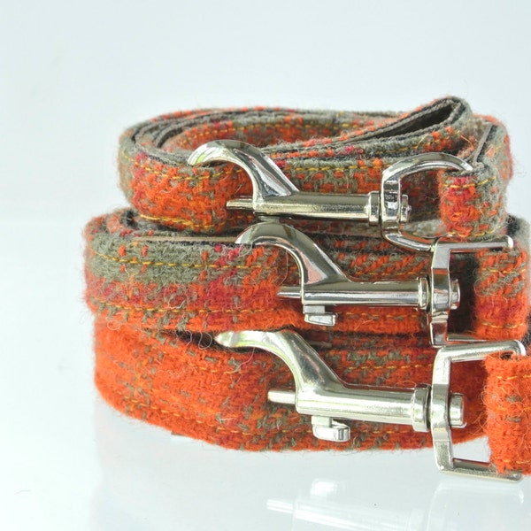 Harris Tweed Hund Leine, Orange Tweed Hund führen. Tweed orange und grün karierte Leine, Tweed Hund lea