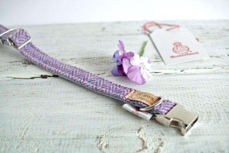 Harris Tweed Dog Collars, Lavender Tweed Dog collar,Purple Herringbone Tweed Dog Collar. Designer dog collar image 7