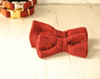 Harris Tweed Dog Bow Tie: Christmas Holiday Red, Detachable