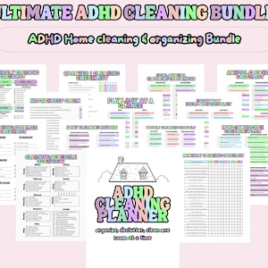 May include: A collection of printable cleaning checklists and planning sheets. The bundle includes checklists for quarterly, semi-annual, and annual cleaning, as well as daily and weekly routines. The text on the image reads "ULTIMATE ADHD CLEANING BUNDLE".