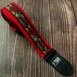 Red Rose Guitar Strap (Floral Hippie Collection) - Vtar Handmade Vegan Acoustic/Electric/Bass Guitar Straps