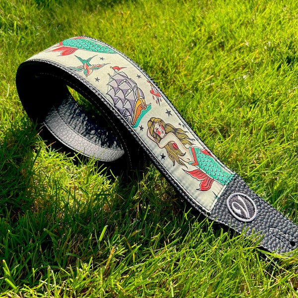 The Mermaid Western Tattoo (American Traditional Tattoo Collection) - Vtar Handmade Vegan Acoustic/Electric/Bass Guitar Straps