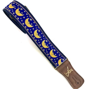 Handmade Midnight Blue Moon and Star Zodiac Retro Guitar Strap - Vtar Handmade Vegan Acoustic / Electric / Bass Guitar Straps
