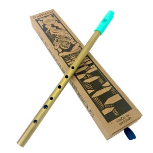 Può includere: Un fischio di stagno dorato con un bocchino turchese, nella sua scatola. La scatola è marrone con illustrazioni in bianco e nero e il testo "DÁNNAN  The Celtic Whistle Company  MADE IN IRELAND".