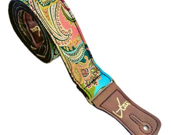 Tracolla per chitarra Sweet Dreams Pink & Blue Paisley - Tracolle per chitarra acustica / elettrica / basso vegane fatte a mano Vtar