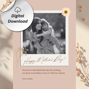 Tarjeta personalizada para el Día de la Madre con mensaje personalizado: tarjeta imprimible estética con diseño de flores secas: regalo digital neutro para mamá.