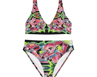 Recycled high-waisted bikini - Hot Pink Graffiti