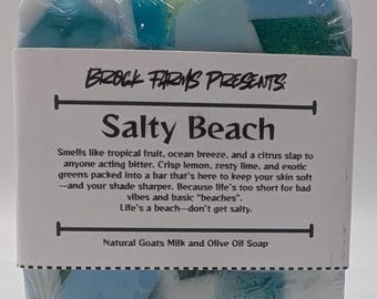 May include: A bar of "Salty Beach" soap, wrapped in clear plastic. The soap has blue, green, and white colors. The label reads "Brock Farms Presents" and describes the scent as tropical fruit and ocean breeze.