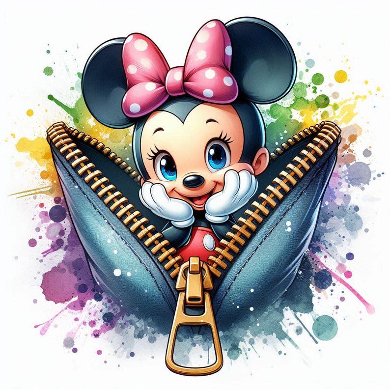 May include: A cartoon illustration of Minnie Mouse peeking out of a denim zipper. Minnie Mouse has a pink bow with white polka dots, blue eyes, and white gloves. The background features colorful watercolor paint splatters.