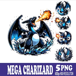 May include: Digital illustration featuring a black and blue dragon exhaling fire, with water effects. Includes multiple smaller dragon images. Text at the bottom reads "MEGA CHARIZARD 5PNG 4000px HIGH RESOLUTION".
