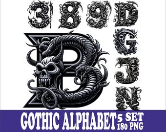 Gotisch alfabetontwerp, set van 5 letters: lettertype met hoge resolutie (180 bestanden)